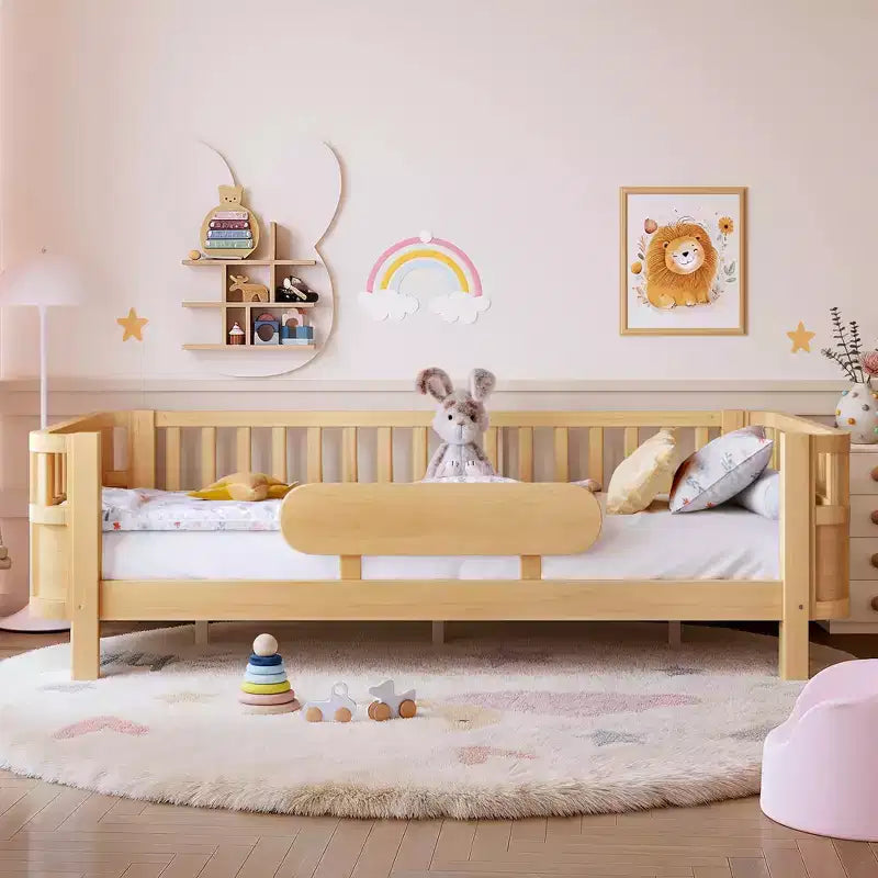 Lit plateforme moderne en bois avec barrières de sécurité amovibles pour enfants, modes ouvert/fermé flexibles