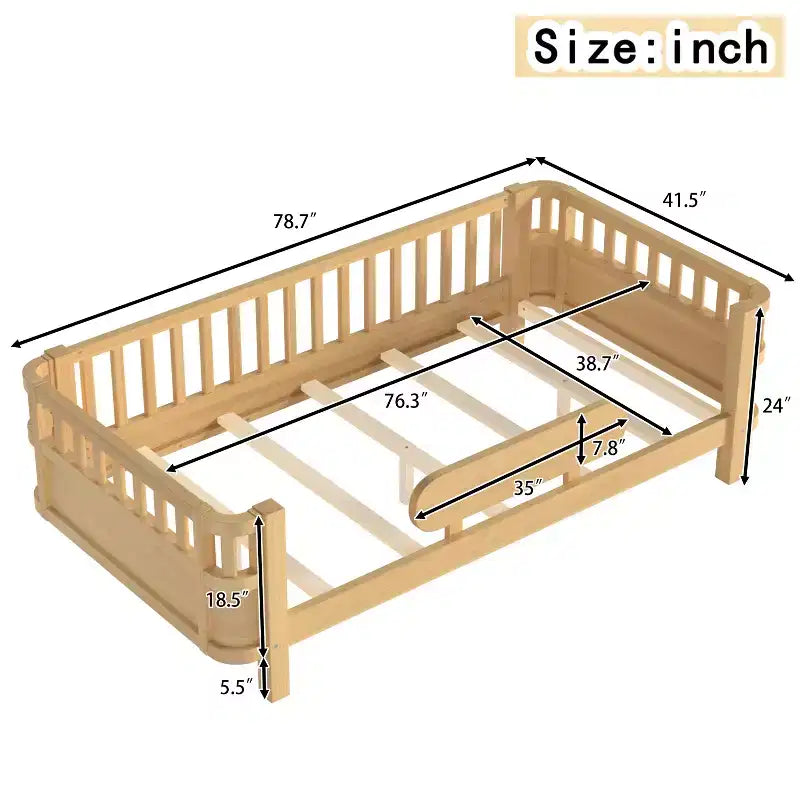 Modern Wood Platform Bed with Detachable Guardrails for Kids, Flexible Open/Enclosed Modes