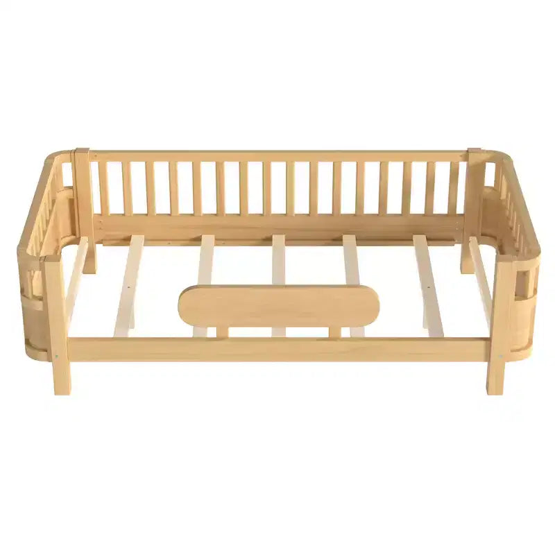 Modern Wood Platform Bed with Detachable Guardrails for Kids, Flexible Open/Enclosed Modes
