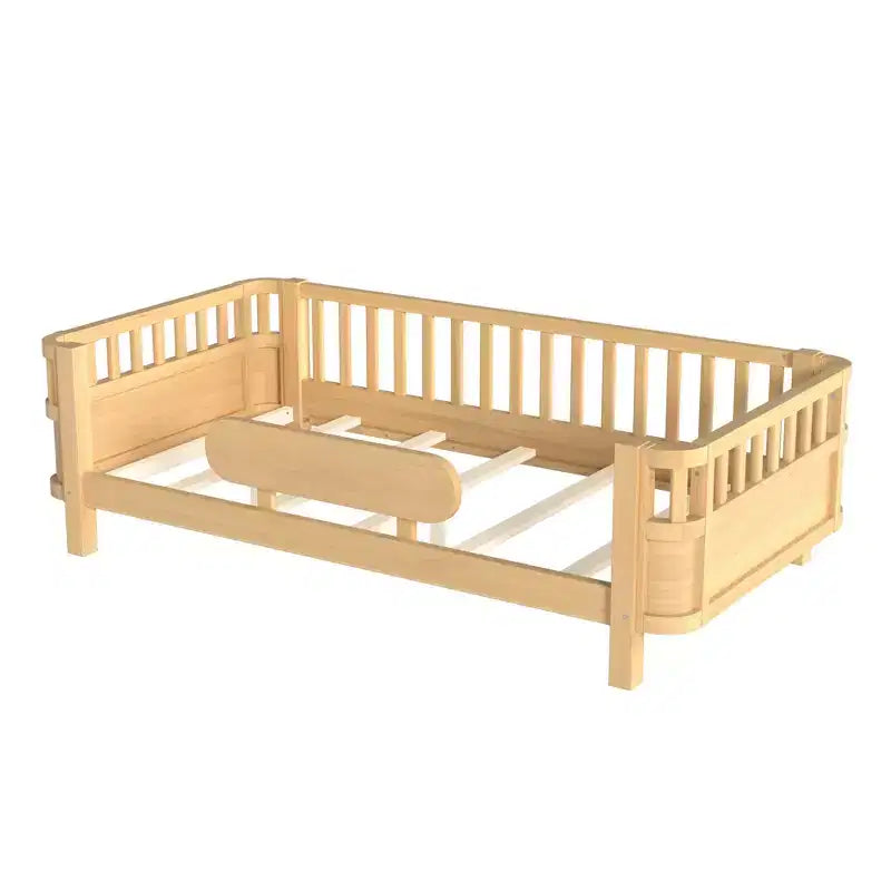 Modern Wood Platform Bed with Detachable Guardrails for Kids, Flexible Open/Enclosed Modes