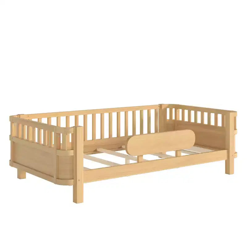 Modern Wood Platform Bed with Detachable Guardrails for Kids, Flexible Open/Enclosed Modes
