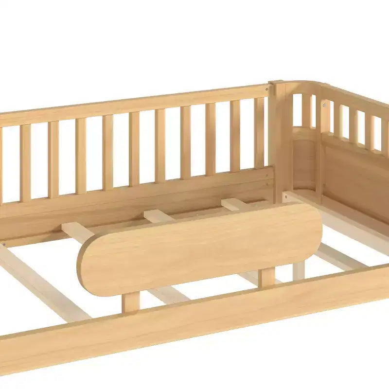 Lit plateforme moderne en bois avec barrières de sécurité amovibles pour enfants, modes ouvert/fermé flexibles