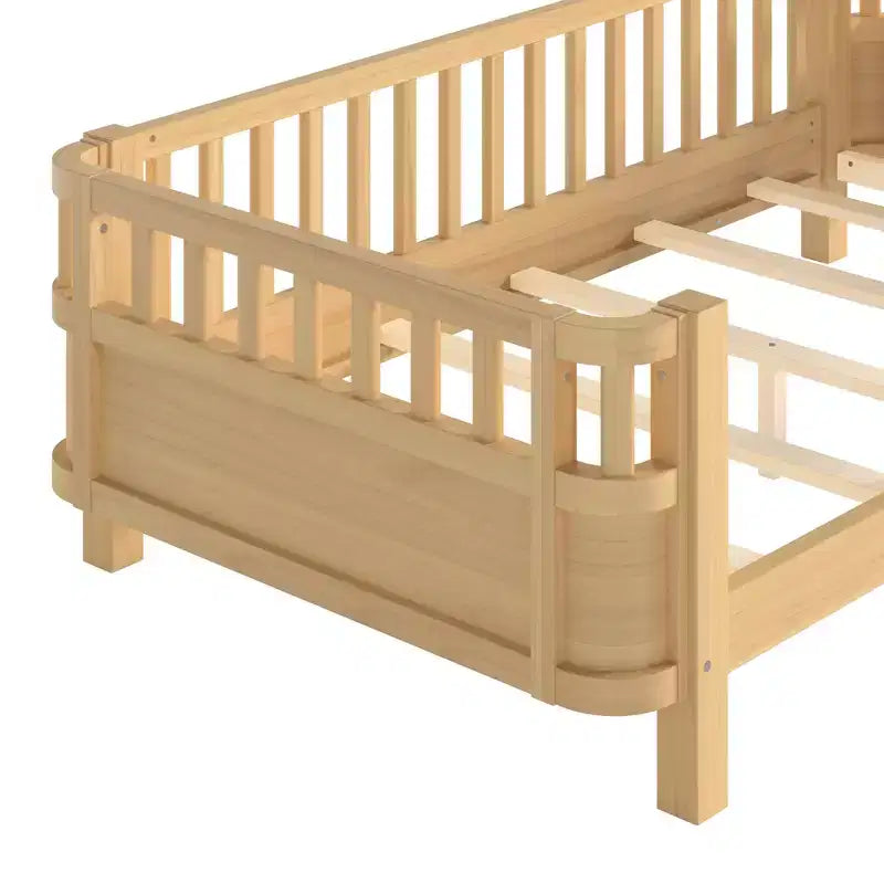 Lit plateforme moderne en bois avec barrières de sécurité amovibles pour enfants, modes ouvert/fermé flexibles