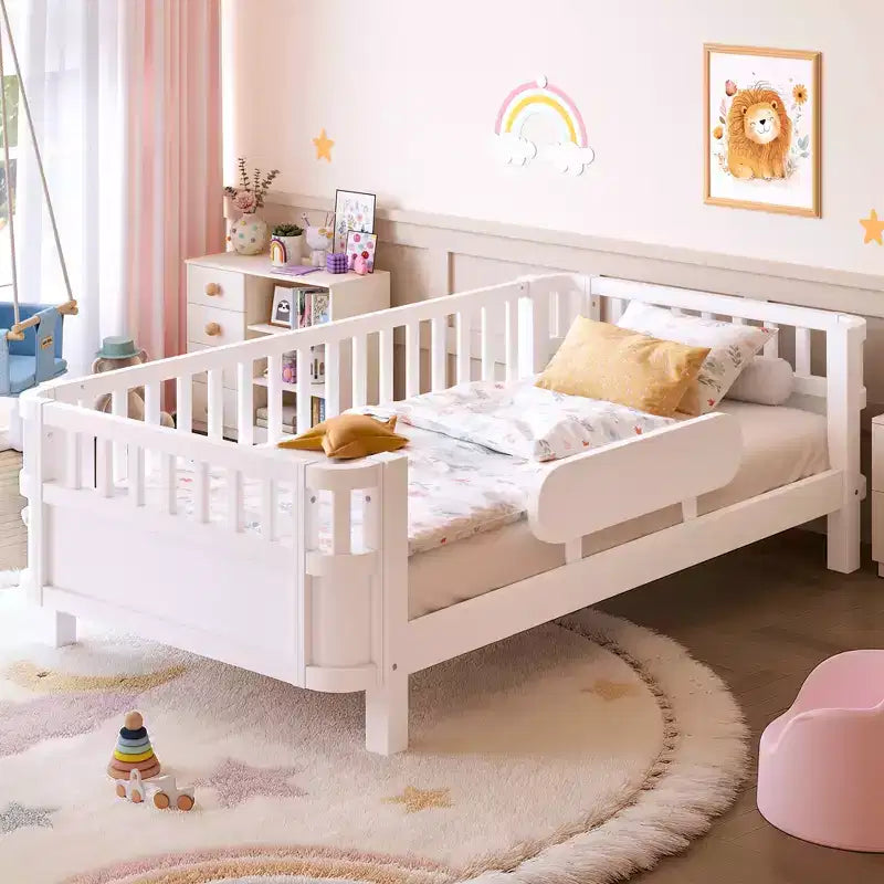 Modern Wood Platform Bed with Detachable Guardrails for Kids, Flexible Open/Enclosed Modes
