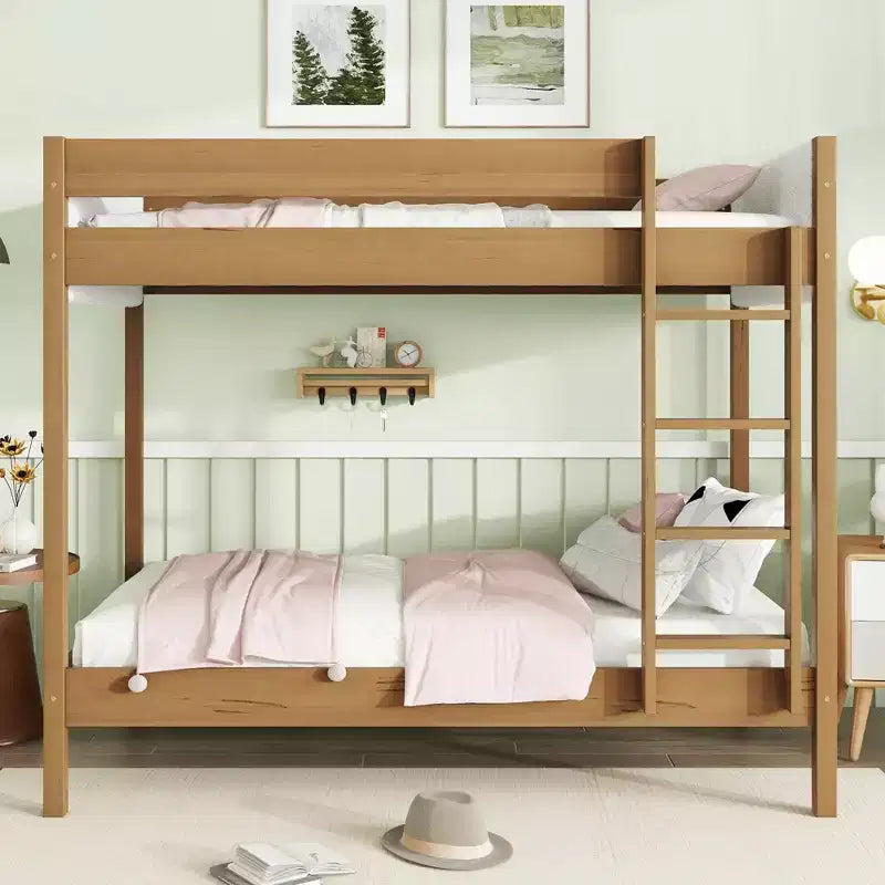 Modern Rubberwood Twin Over Twin Bunk Bed with Boucle Upholstered Headboard & Footboard