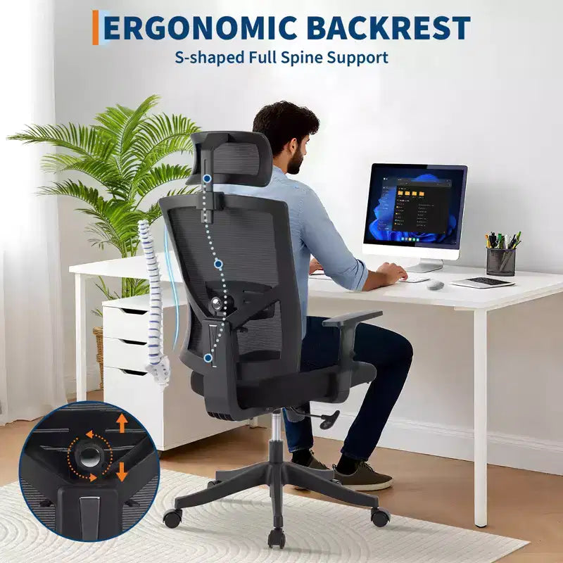 Chaise de bureau ergonomique, Support lombaire réglable, Soutien lombaire ajustable, Chaise de bureau pivotante, Chaise d'ordinateur à bascule réglable
