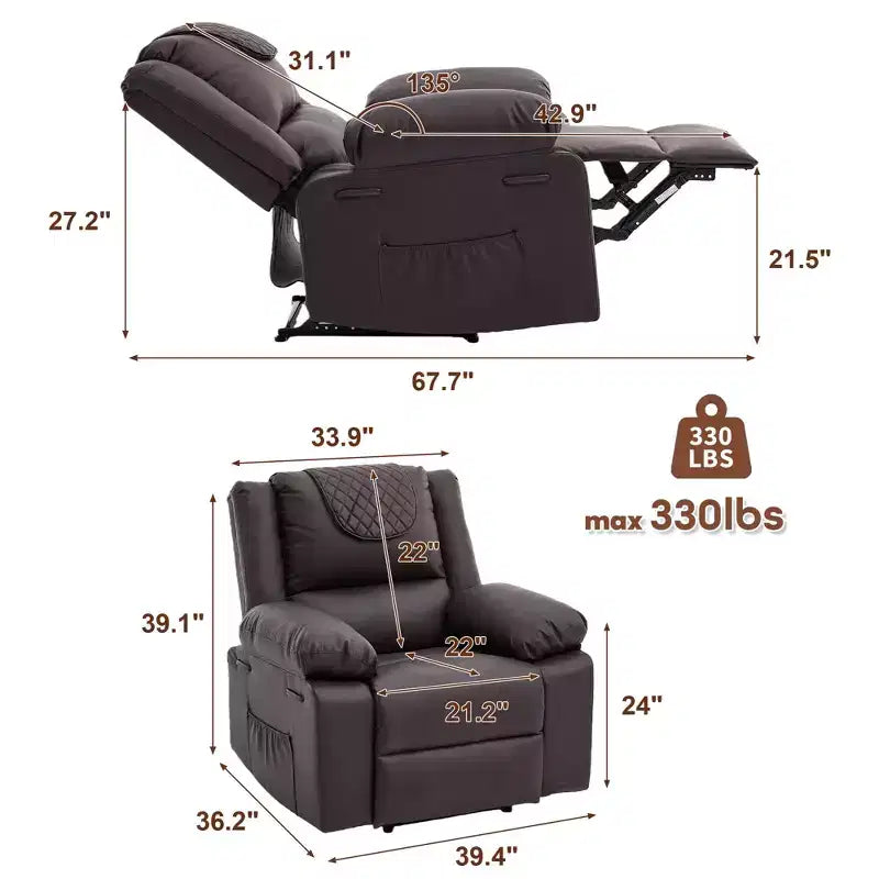 Adult Manual Recliner with Side Storage Pockets & Remote Control, Compact Single Sofa