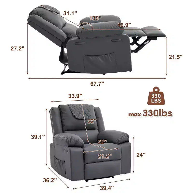 Adult Manual Recliner with Side Storage Pockets & Remote Control, Compact Single Sofa