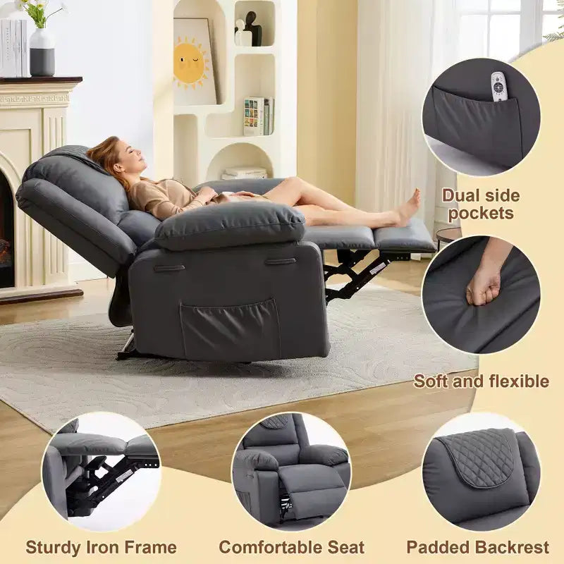 Adult Manual Recliner with Side Storage Pockets & Remote Control, Compact Single Sofa