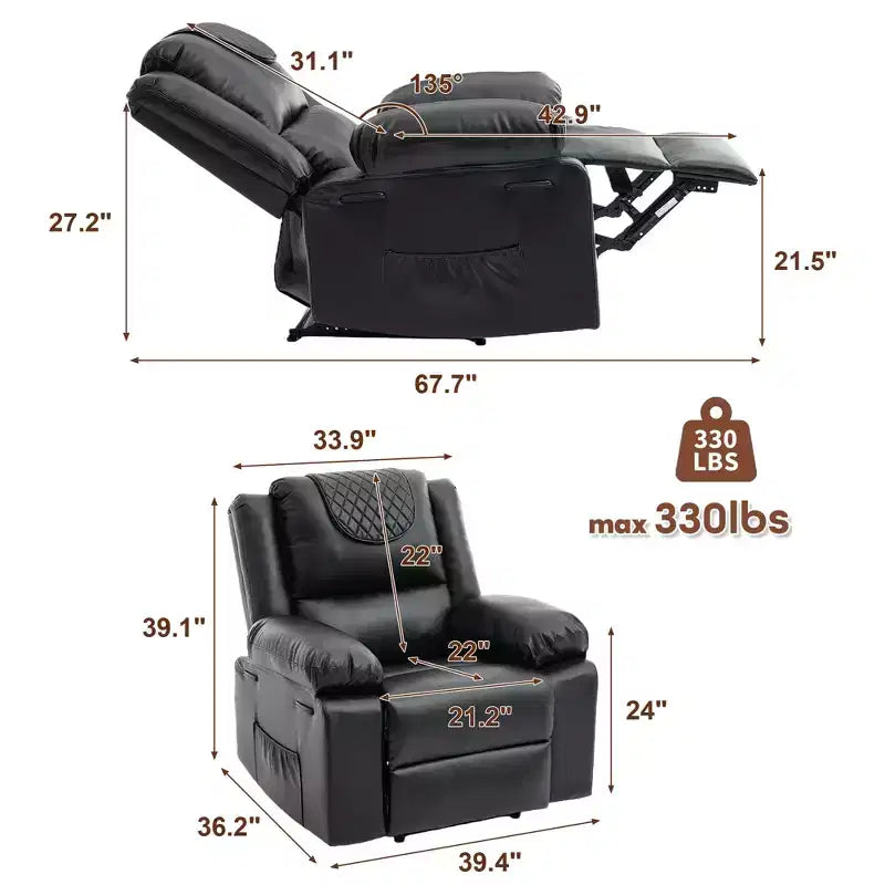 Adult Manual Recliner with Side Storage Pockets & Remote Control, Compact Single Sofa