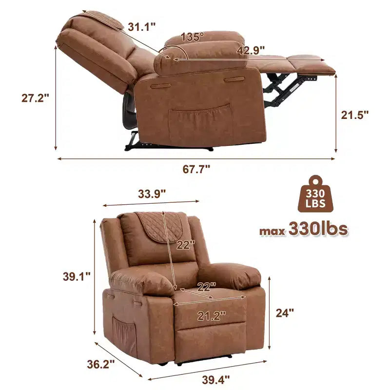 Adult Manual Recliner with Side Storage Pockets & Remote Control, Compact Single Sofa