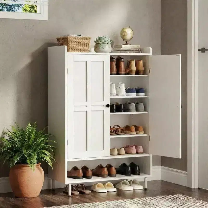 6-Tier Shoe Rack with Profiled Doors, Modern Rustic Shoe Cabinet with 3 Adjustable Shelves and Metal Legs, Entrance & Hallway Furniture