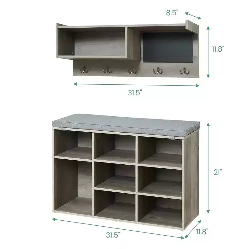 Industrial Wall Mounted Hall Tree Coat Rack and Shoe Bench Set  5 Hooks, 10 Storage Cubbies, Blackboard  Entryway Organizer and Bench
