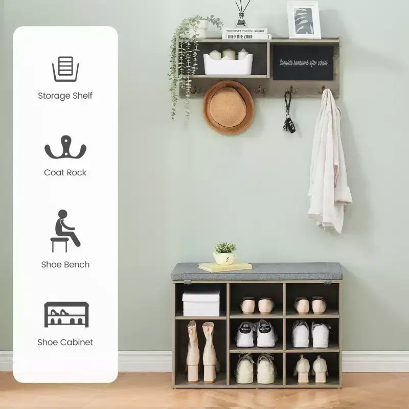 Industrial Wall Mounted Hall Tree Coat Rack and Shoe Bench Set  5 Hooks, 10 Storage Cubbies, Blackboard  Entryway Organizer and Bench