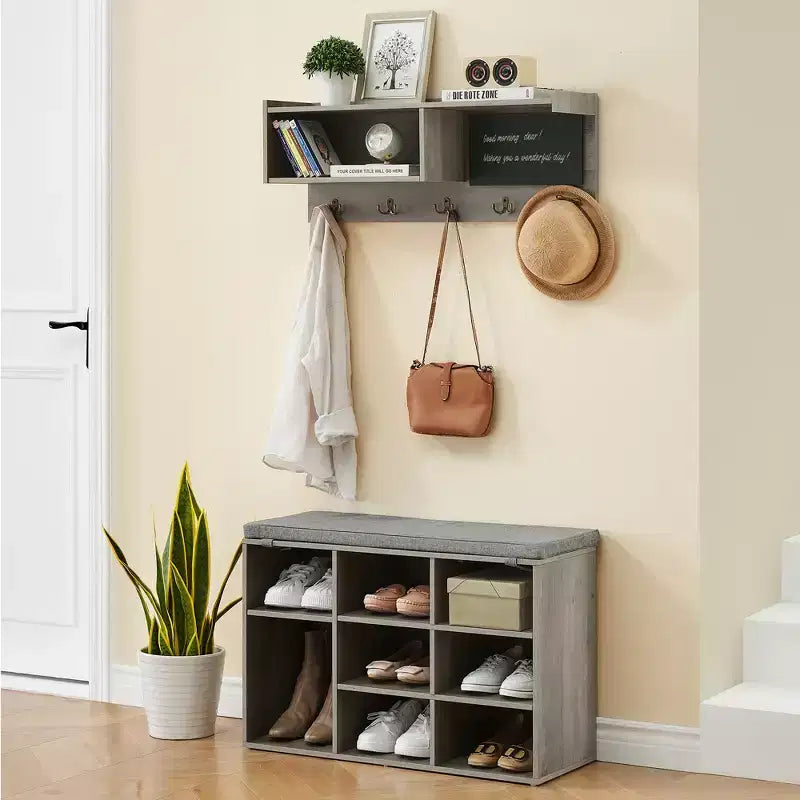 Industrial Wall Mounted Hall Tree Coat Rack and Shoe Bench Set  5 Hooks, 10 Storage Cubbies, Blackboard  Entryway Organizer and Bench