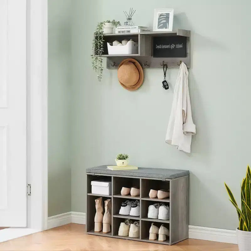 Industrial Wall Mounted Hall Tree Coat Rack and Shoe Bench Set  5 Hooks, 10 Storage Cubbies, Blackboard  Entryway Organizer and Bench