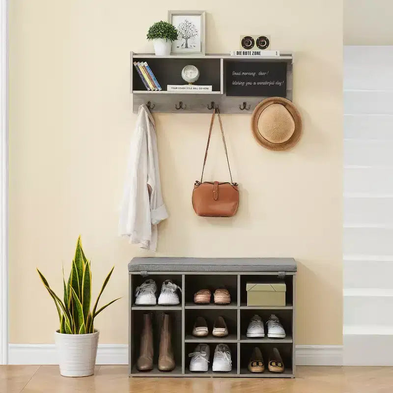 Industrial Wall Mounted Hall Tree Coat Rack and Shoe Bench Set  5 Hooks, 10 Storage Cubbies, Blackboard  Entryway Organizer and Bench