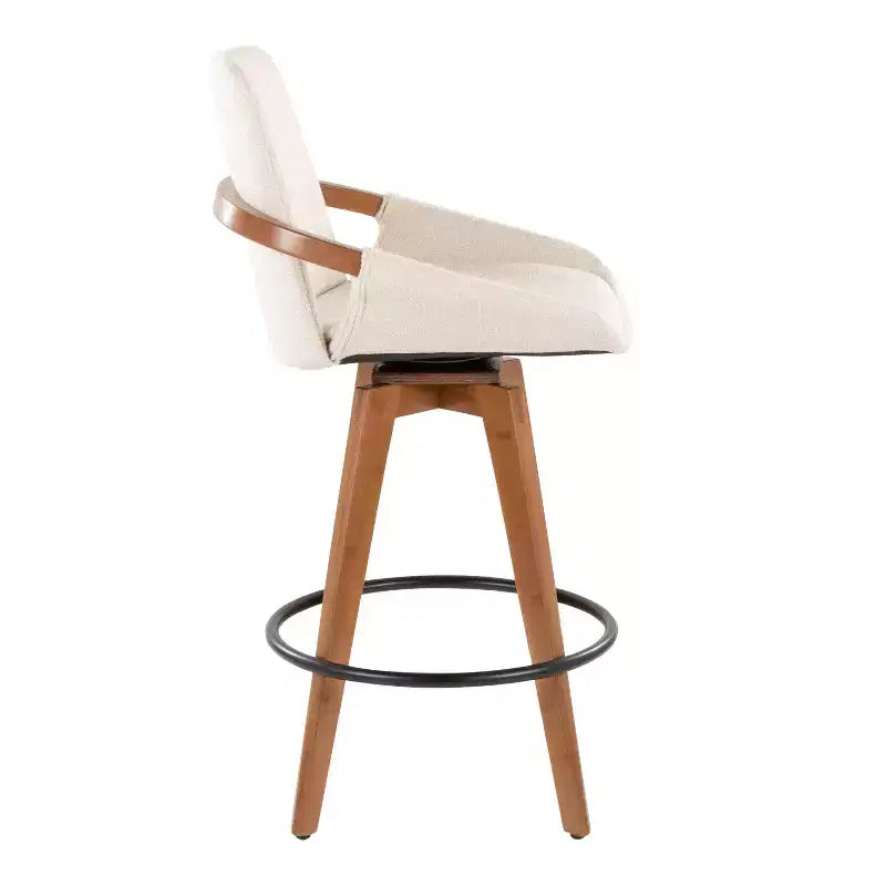 Mid-Century Counter Height Barstool, Walnut Bamboo Frame, Cream Fabric, 360° Swivel