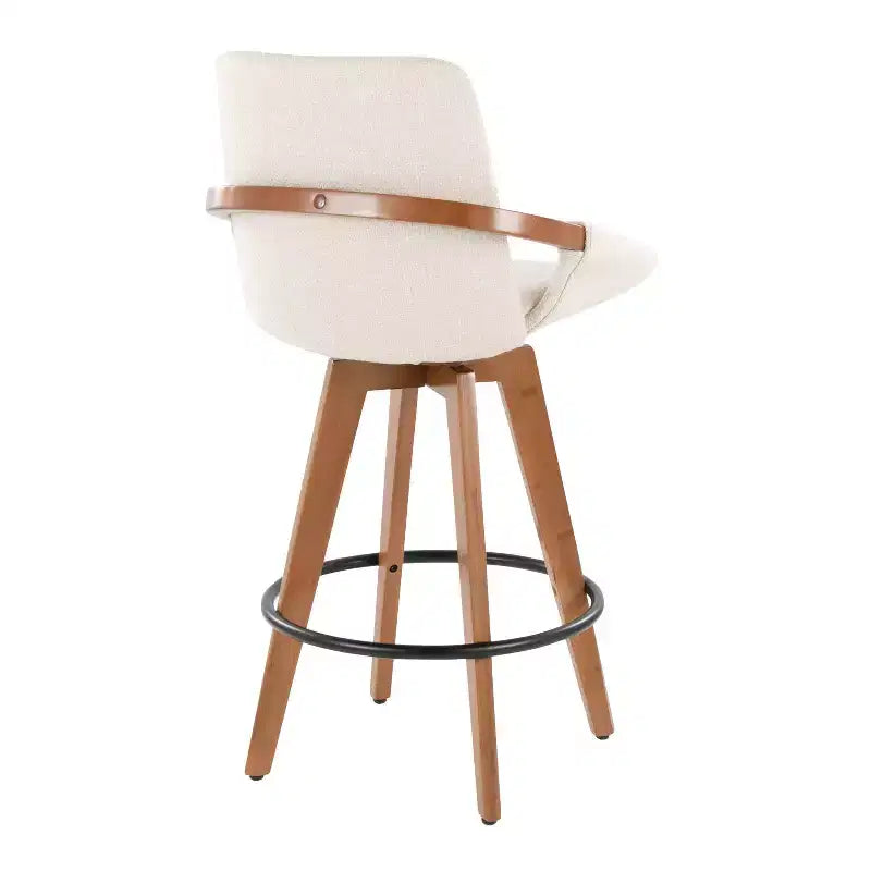 Tabouret de bar à hauteur de comptoir Mid-Century, structure en bambou noyer, tissu crème, pivotant à 360°