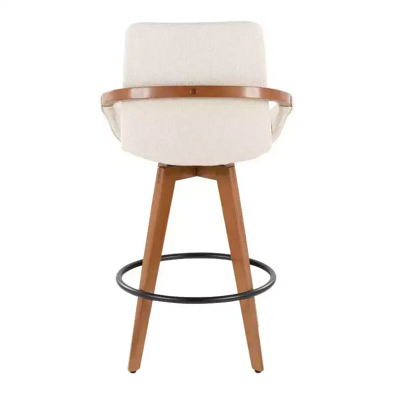 Tabouret de bar à hauteur de comptoir Mid-Century, structure en bambou noyer, tissu crème, pivotant à 360°