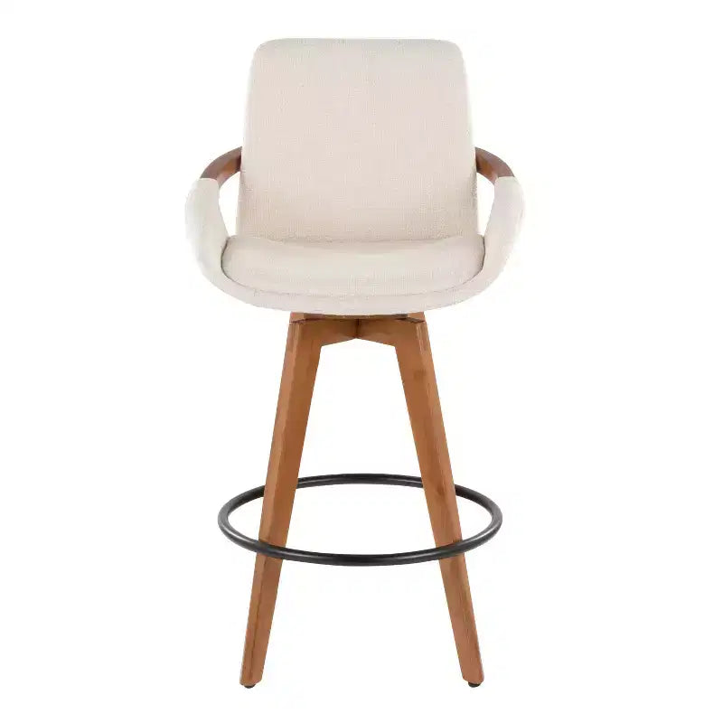 Mid-Century Counter Height Barstool, Walnut Bamboo Frame, Cream Fabric, 360° Swivel