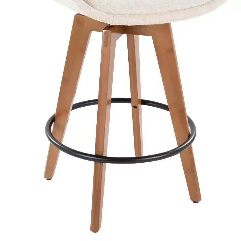 Tabouret de bar à hauteur de comptoir Mid-Century, structure en bambou noyer, tissu crème, pivotant à 360°