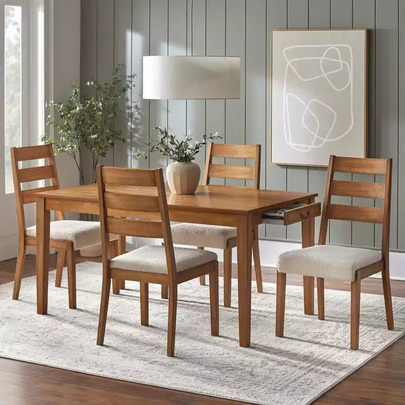 5-Piece Farmhouse Rectangular Dining Set, Antique Oak Finish, Boucle Chairs, Seats 6