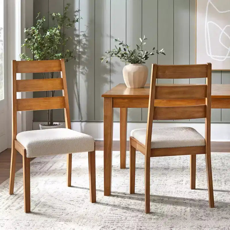 5-Piece Farmhouse Rectangular Dining Set, Antique Oak Finish, Boucle Chairs, Seats 6