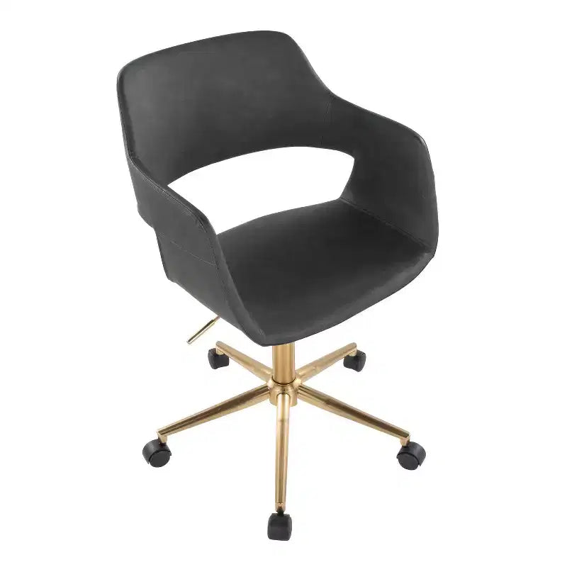 Adjustable Task Chair, Gold Metal Base, Gray PU Leather, Swivel, 250LBS Home Office