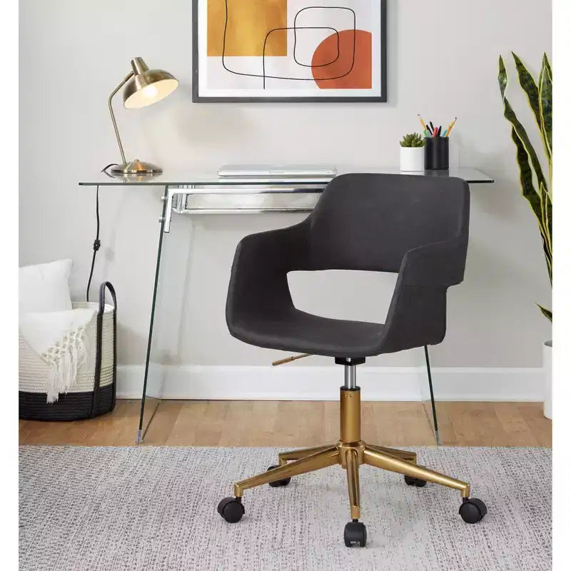 Adjustable Task Chair, Gold Metal Base, Gray PU Leather, Swivel, 250LBS Home Office