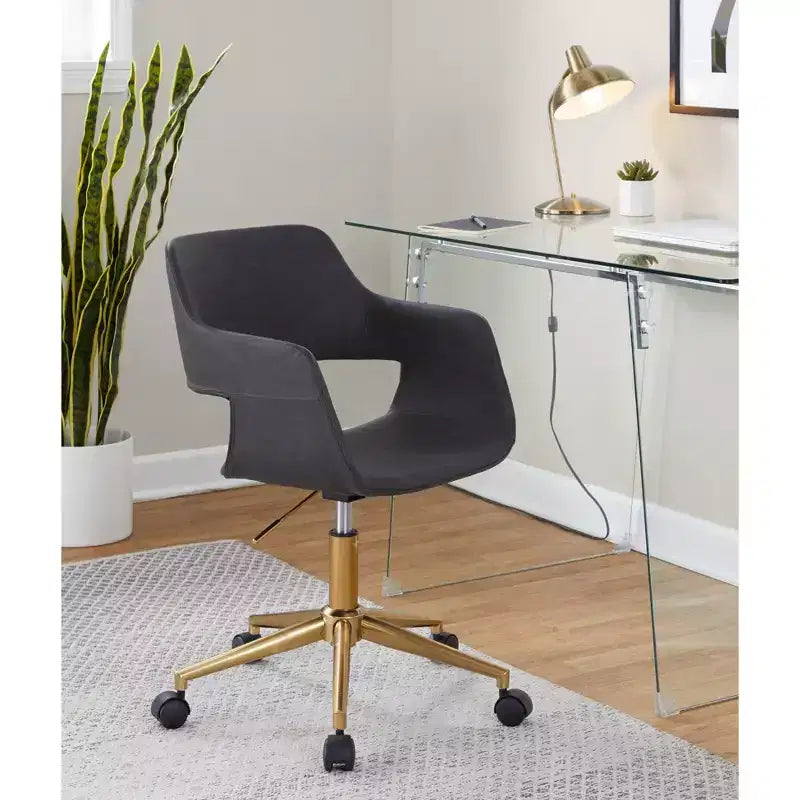 Adjustable Task Chair, Gold Metal Base, Gray PU Leather, Swivel, 250LBS Home Office
