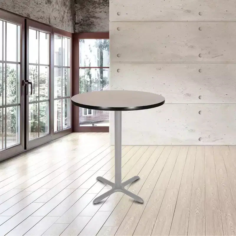 42" Round X-Base Dining Bar Height Table, Gray Laminate Top, Steel Frame, Seats 4