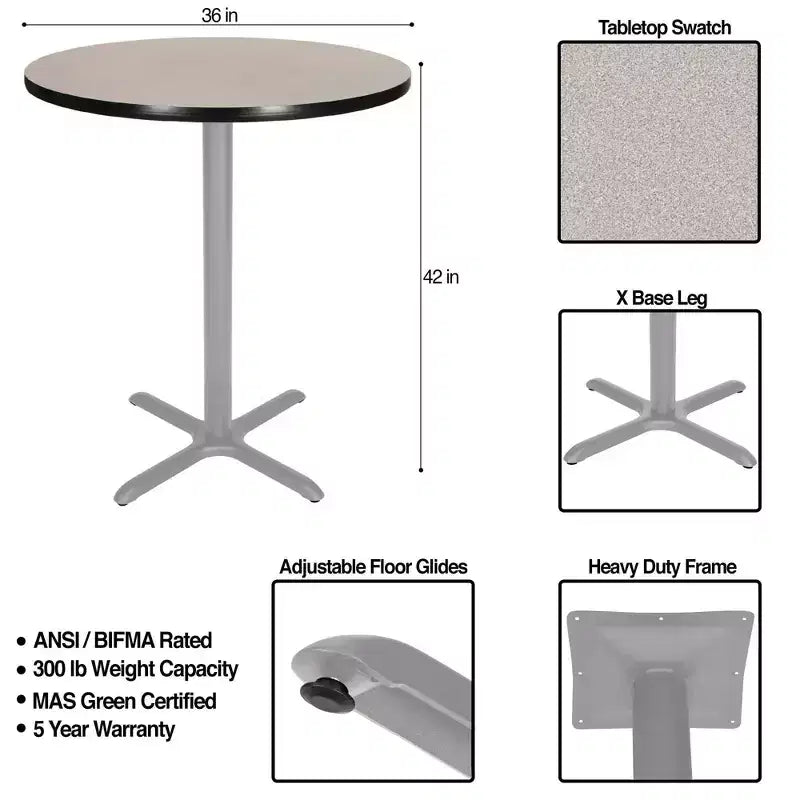 42" Round X-Base Dining Bar Height Table, Gray Laminate Top, Steel Frame, Seats 4