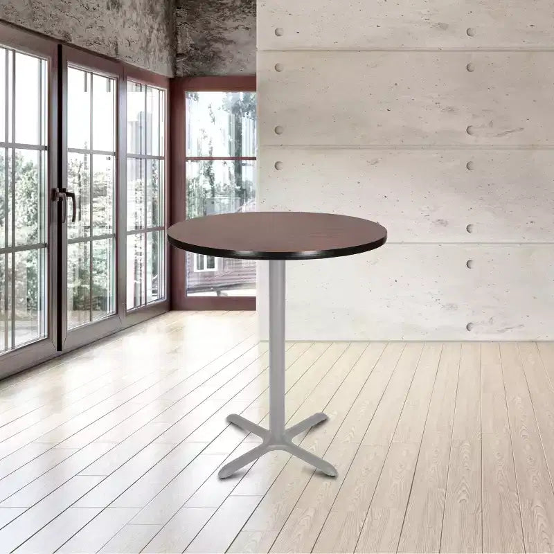 42" Round X-Base Dining Bar Height Table, Gray Laminate Top, Steel Frame, Seats 4