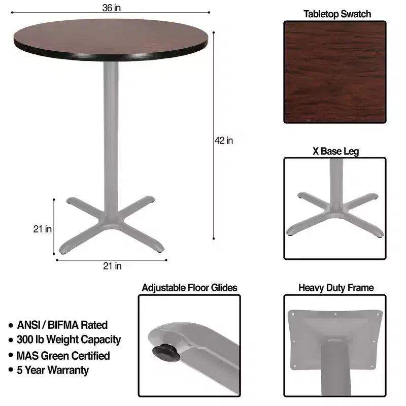 42" Round X-Base Dining Bar Height Table, Gray Laminate Top, Steel Frame, Seats 4