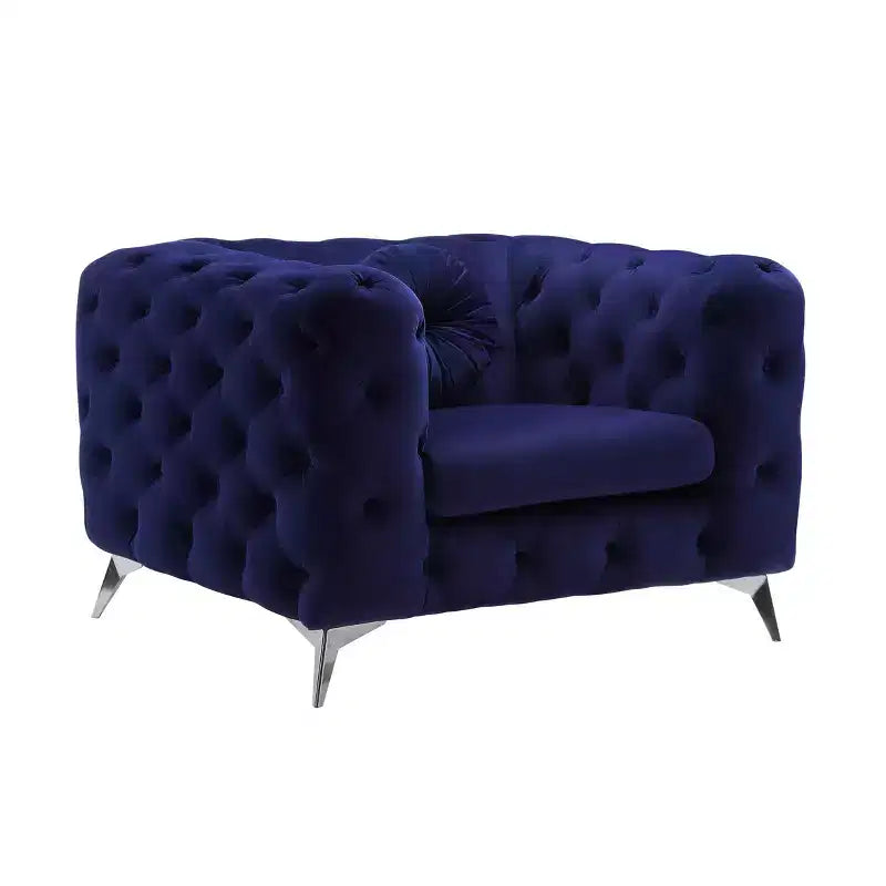 Fauteuil d'appoint en velours capitonné avec accoudoirs, cadre en bois et pieds en métal, finition brillante