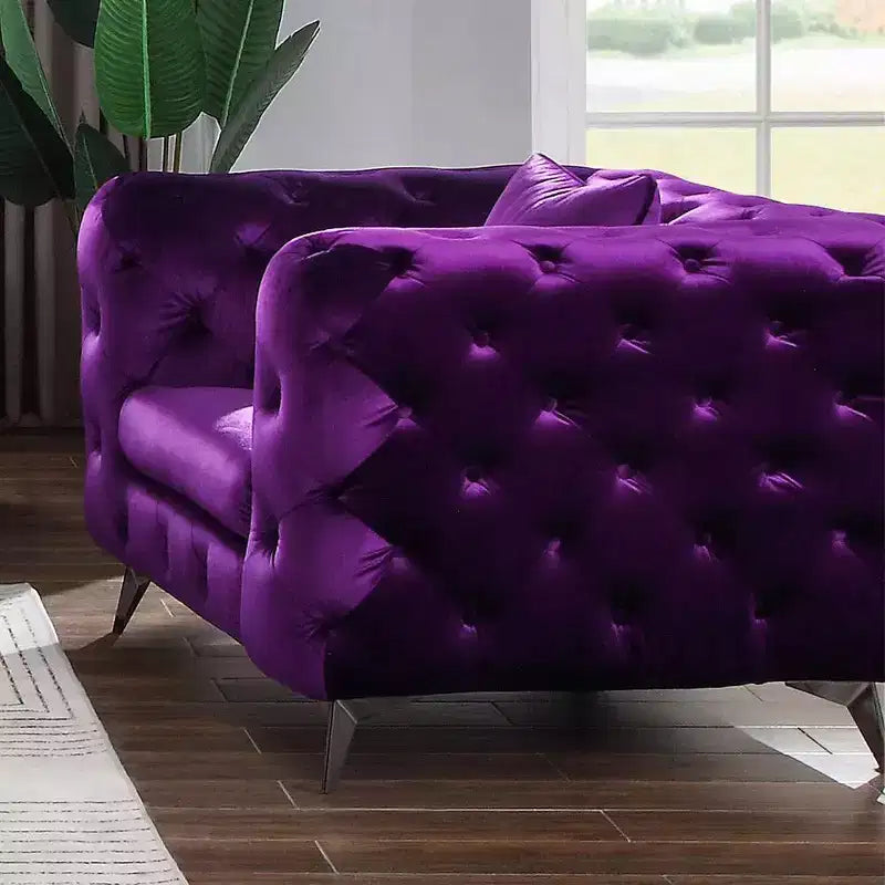 Tufted Velvet Accent Chair with Arms, Wood Frame & Metal Legs, Glossy Finish