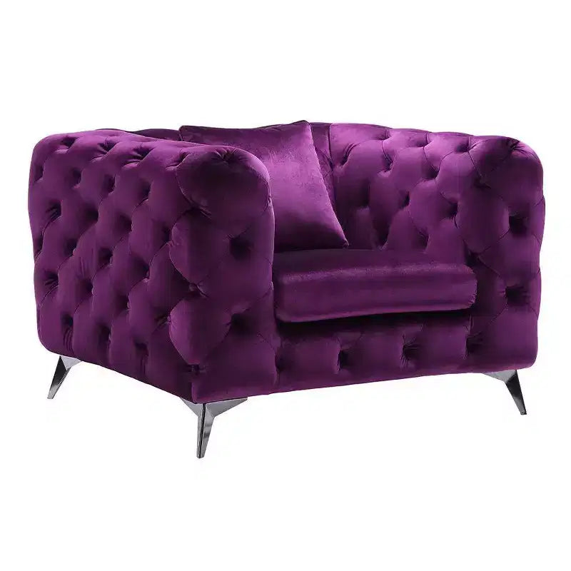 Fauteuil d'appoint en velours capitonné avec accoudoirs, cadre en bois et pieds en métal, finition brillante